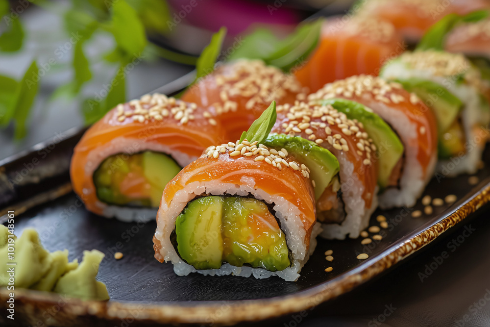 Close-up of Delicious Salmon and Avocado Sushi Rolls