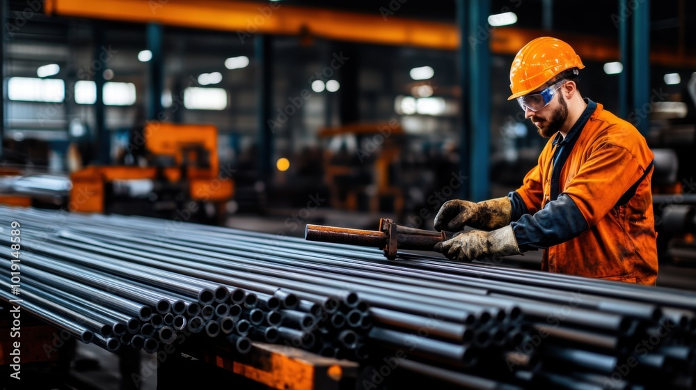 Fototapeta premium Worker in Steel Factory Handling Metal Pipes