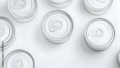 A flat lay of multiple silver cans on a white background.