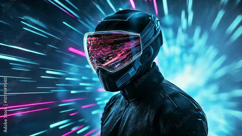 A futuristic figure in a black helmet and goggles stands against a background of blue and pink lights