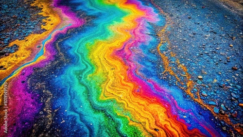 abstract background of multi colored oil spill on asphalt road reflected in water