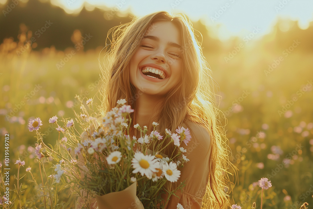 Woman Smiling with Flowers in a Field During Golden Hour Woman Smiling with Flowers in a Field During Golden Hour