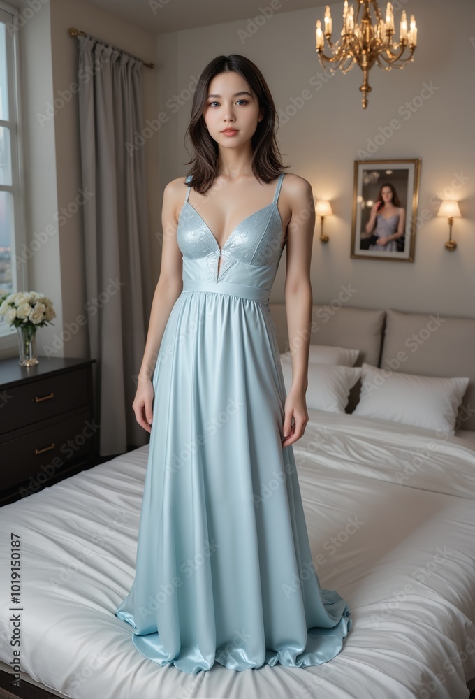 Woman dressed in elegant dress, interior of her hotel room Woman dressed in elegant dress, interior of her hotel room