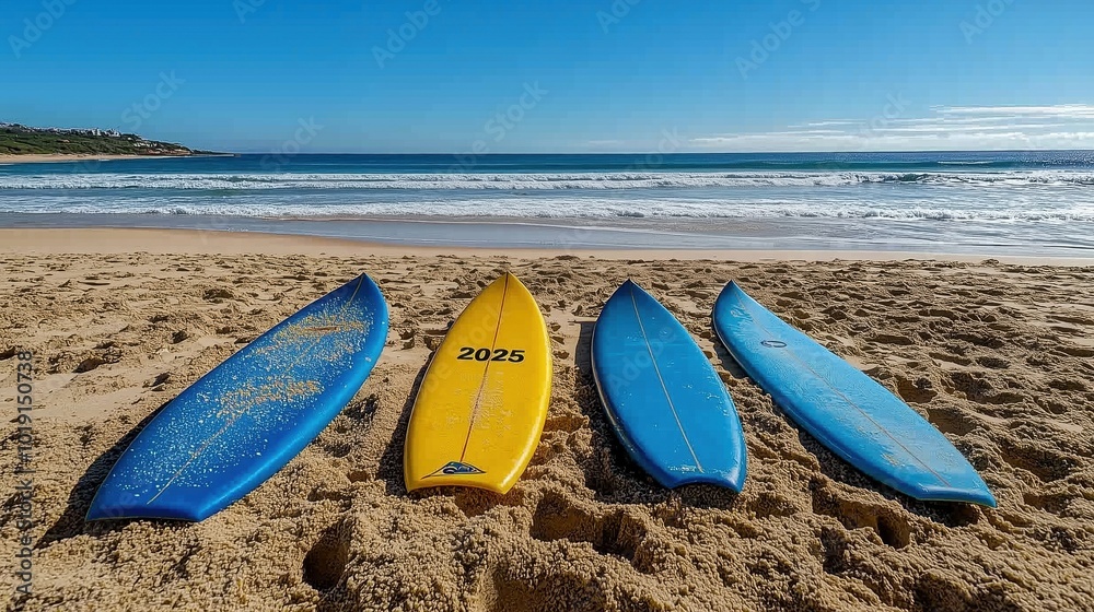Four surfboards on a sandy beach, with one yellow board displaying 2025 in the center. Four surfboards on a sandy beach, with one yellow board displaying 2025 in the center.