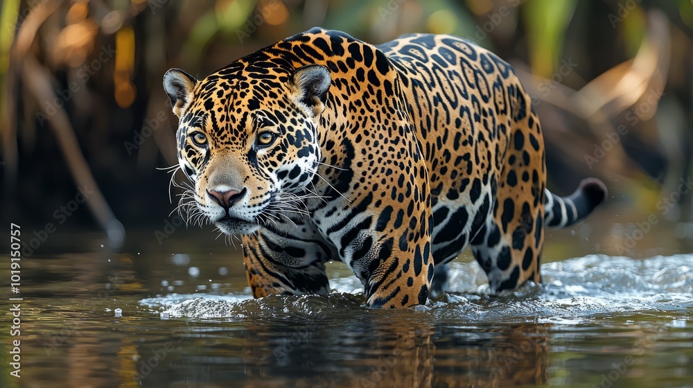 Jaguar walking through water in natural habitat with intense gaze Jaguar walking through water in natural habitat with intense gaze