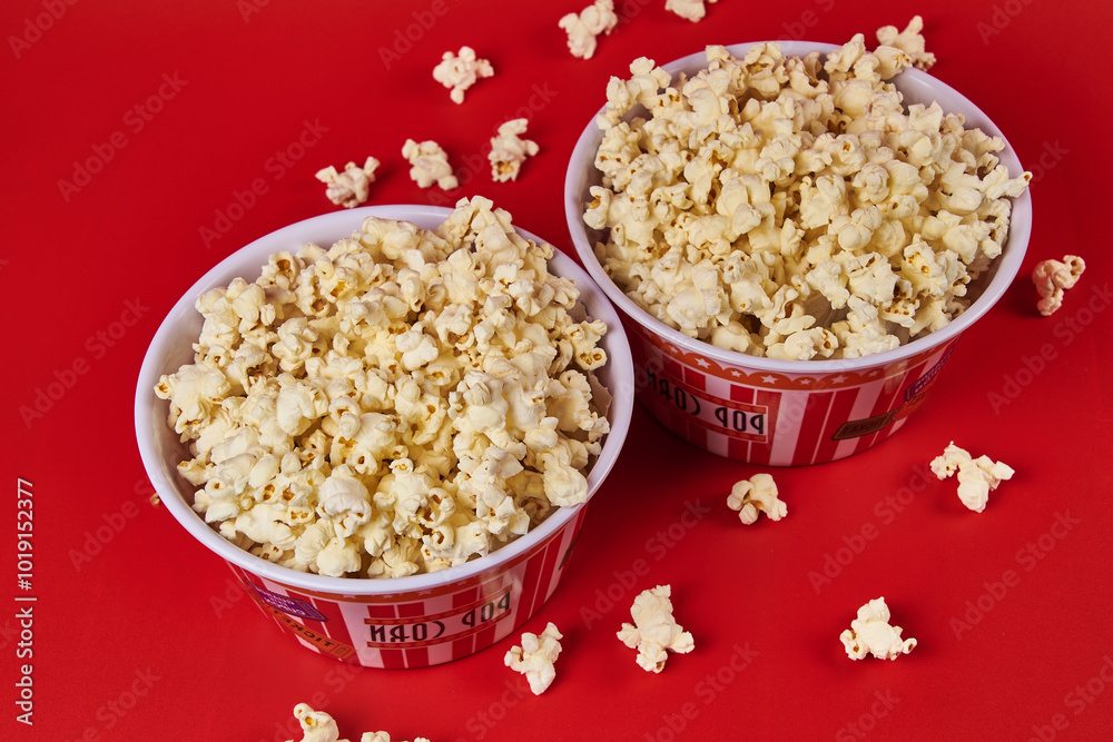 Striped cylindrical container with popcorn ready to enter the cinema, on a red background Striped cylindrical container with popcorn ready to enter the cinema, on a red background
