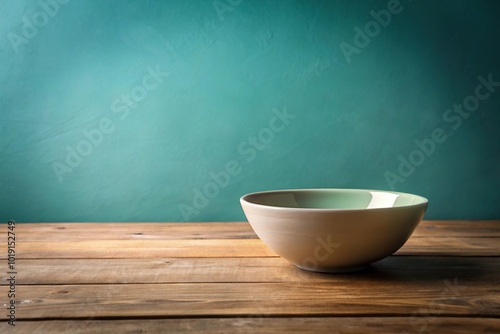 Matte ceramic bowl on wooden table with muted teal backdrop Low Angle