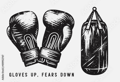 boxing gloves and punching bag, gloves up fears down quote, retro grunge poster illustration