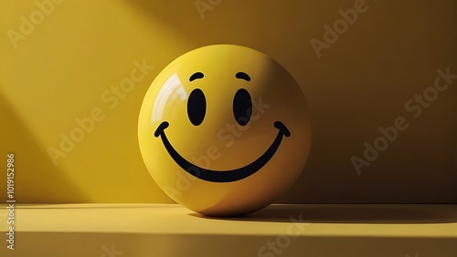 minimalist and vibrant style, showcasing a large, smiley emoji positioned on a smooth, light colored surface with yellow wall background
