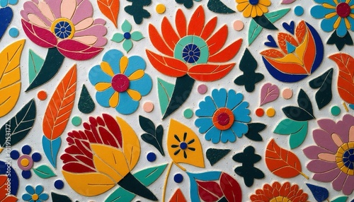 Vibrant floral pattern with colorful flowers and leaves, artistic design, decorative artwork, bright background
