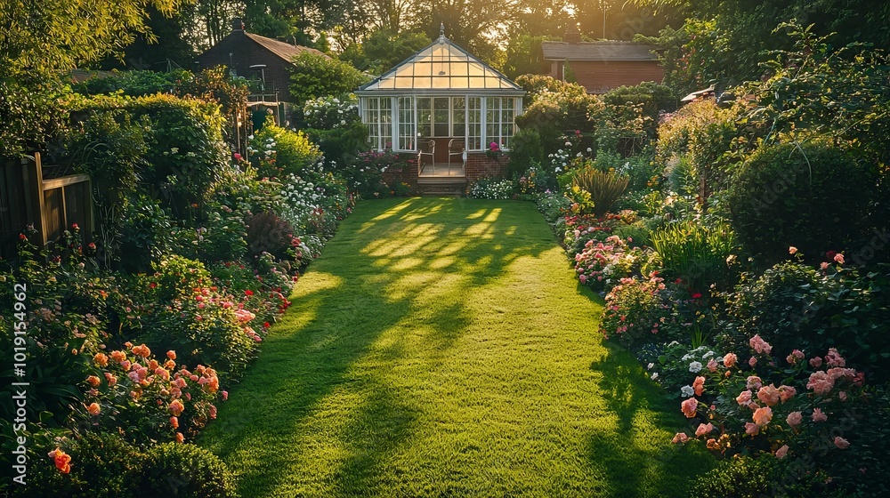 Beautiful backyard garden with greenhouse and vibrant flowers Beautiful backyard garden with greenhouse and vibrant flowers