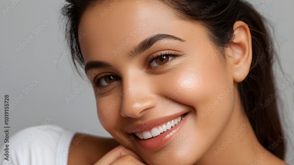 A confident Latina woman smiles proudly, revealing her flawless skin post-microdermabrasion at a state-of-the-art aesthetic clinic A confident Latina woman smiles proudly, revealing her flawless skin post-microdermabrasion at a state-of-the-art aesthetic clinic