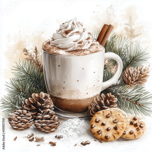 Watercolor image of a cup of coffee with whipped cream with cookies and Christmas decorations