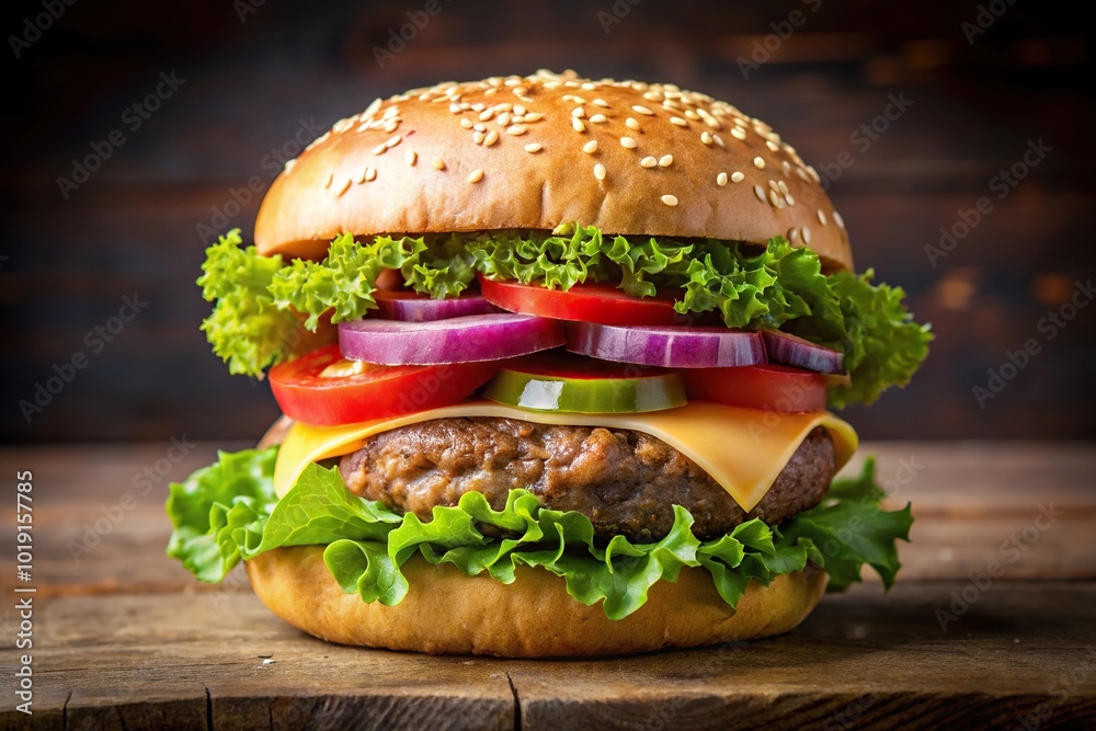 Angled beef burger with meat patty, tomato, cucumber, cheese, red onion, lettuce on sesame seed bun Angled beef burger with meat patty, tomato, cucumber, cheese, red onion, lettuce on sesame seed bun
