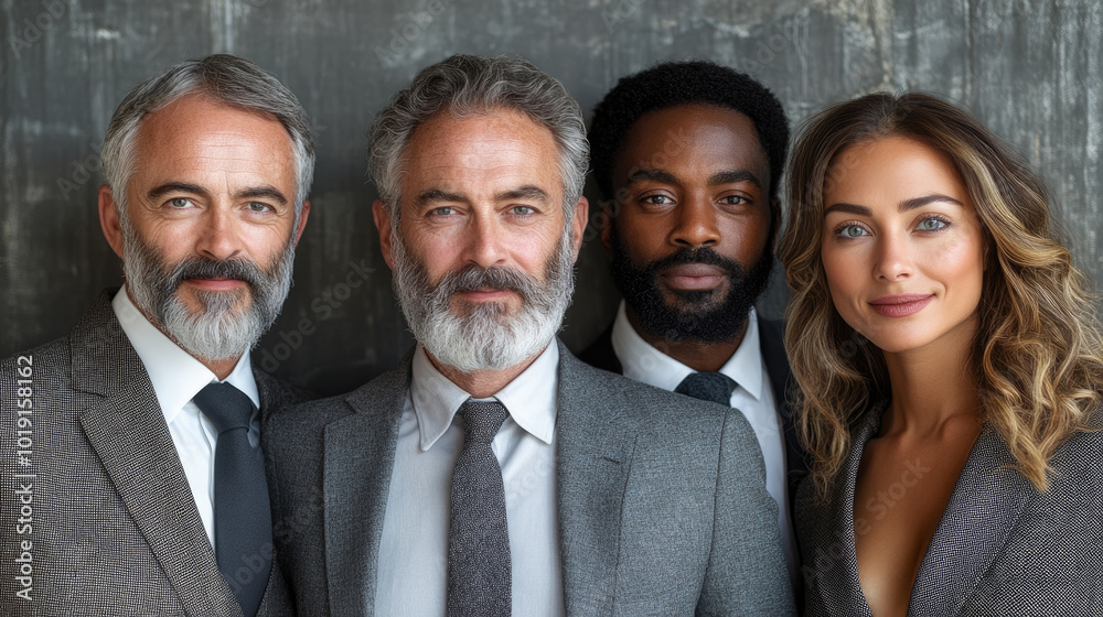 Four well-dressed individuals stand confidently, showcasing their stylish suits against a muted gray backdrop in a contemporary environment