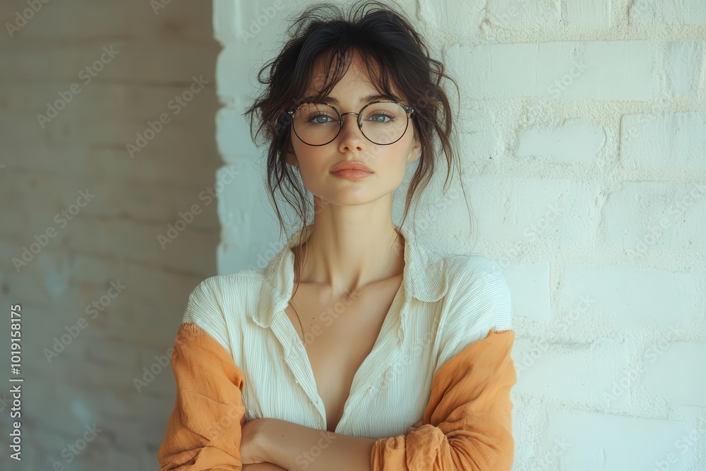 pensive woman in glasses standing with crossed arms deep in thought against a simple background evokes contemplation and introspection perfect for themes of selfreflection pensive woman in glasses standing with crossed arms deep in thought against a simple background evokes contemplation and introspection perfect for themes of selfreflection
