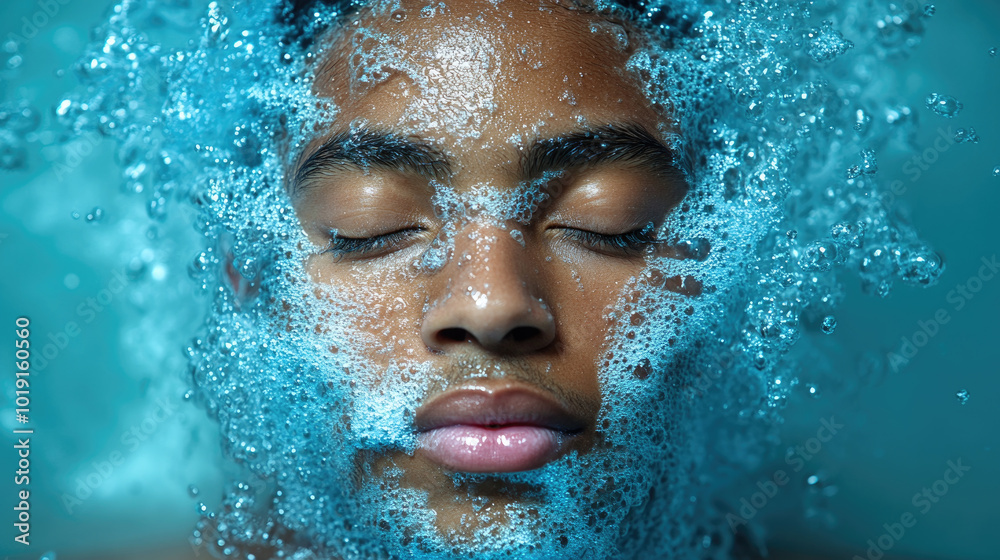 A young individual relaxes beneath the water's surface, surrounded by playful bubbles, evoking a calm and tranquil atmosphere A young individual relaxes beneath the water's surface, surrounded by playful bubbles, evoking a calm and tranquil atmosphere