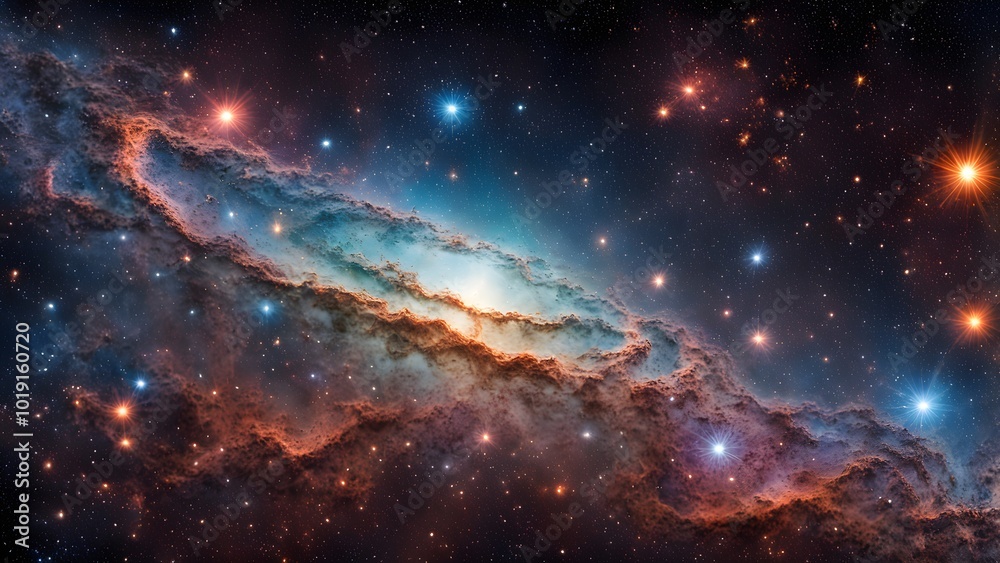 A vibrant nebula with swirling clouds of gas and dust, illuminated by stars. A vibrant nebula with swirling clouds of gas and dust, illuminated by stars.