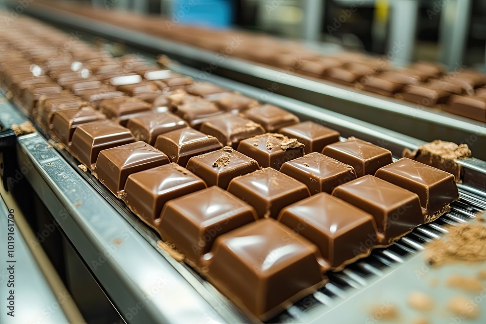 Chocolate bars move on a conveyor belt. This photo can be used for advertising or showcasing chocolate production. Chocolate bars move on a conveyor belt. This photo can be used for advertising or showcasing chocolate production.