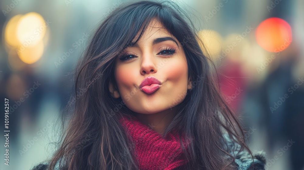 Young woman with dark hair making a kissy face on a busy city street Young woman with dark hair making a kissy face on a busy city street