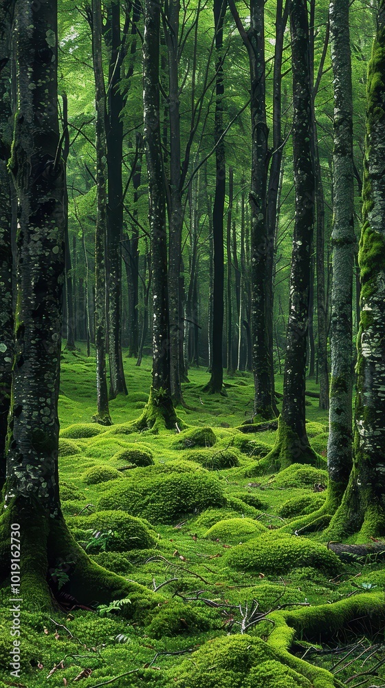 Fototapeta premium A vibrant green forest with tall trees and moss-covered trunks under a serene canopy of leaves