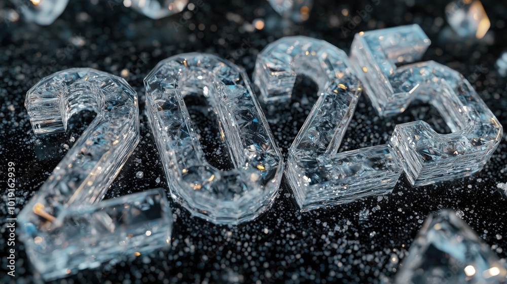 Close-up of ice-crystal 2025 numbers with frosty details, reflecting light in a winter setting. Close-up of ice-crystal 2025 numbers with frosty details, reflecting light in a winter setting.
