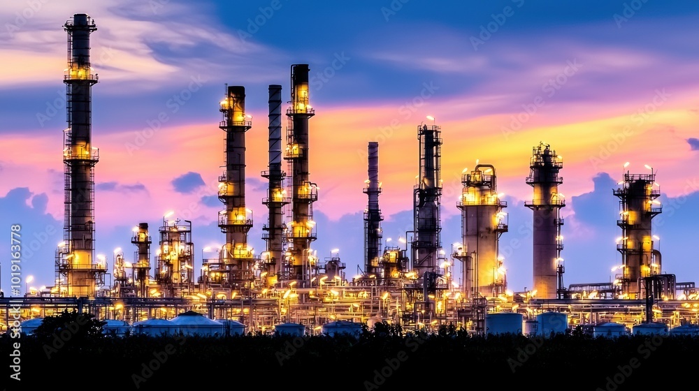 Obraz premium Industrial Complex Under Vibrant Sunset Sky