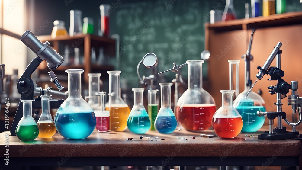 A close-up shot of a chemistry lab bench with beakers filled with colorful liquids. The background features a blackboard with science equations and a microscope. A close-up shot of a chemistry lab bench with beakers filled with colorful liquids. The background features a blackboard with science equations and a microscope.