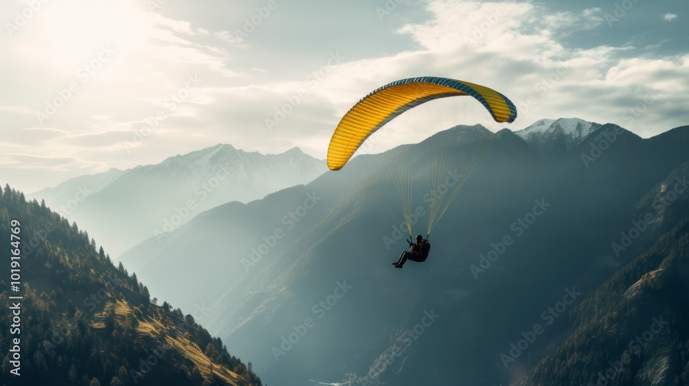 Paraglider flying over the mountains.