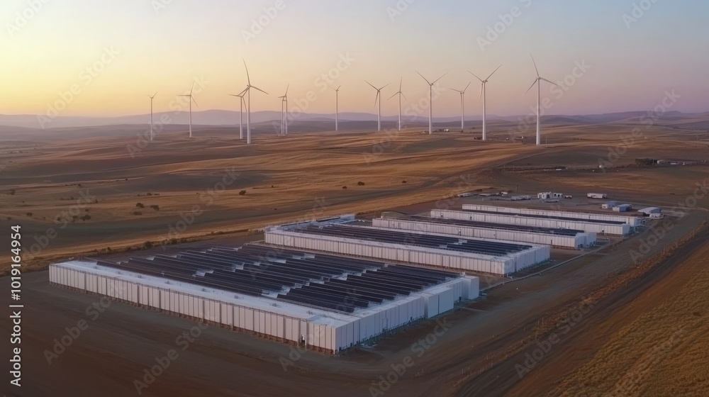 In the background are solar panels and data storage batteries, plus wind turbines, wind turbines, and Lithium-ion battery containers for energy storage. Panoramic view with copy space. In the background are solar panels and data storage batteries, plus wind turbines, wind turbines, and Lithium-ion battery containers for energy storage. Panoramic view with copy space.