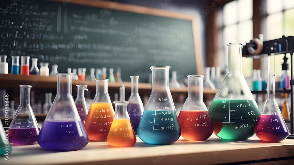 A row of beakers filled with colorful liquids sit on a table in a laboratory setting. A row of beakers filled with colorful liquids sit on a table in a laboratory setting.