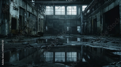 Abandoned industrial warehouse with reflections on wet floor