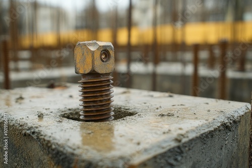 Metal bolt secured in concrete. This image shows a close-up of a bolt attaching two pieces of concrete, perfect for construction or engineering projects.