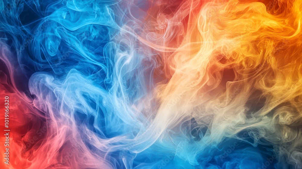 Vibrant dance of red and blue smoke swirls Vibrant dance of red and blue smoke swirls