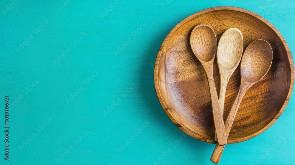 Wooden spoons and a bowl on a turquoise background with a textured surface