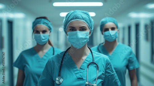 Healthcare professionals in scrubs and masks standing in a hospital hallway