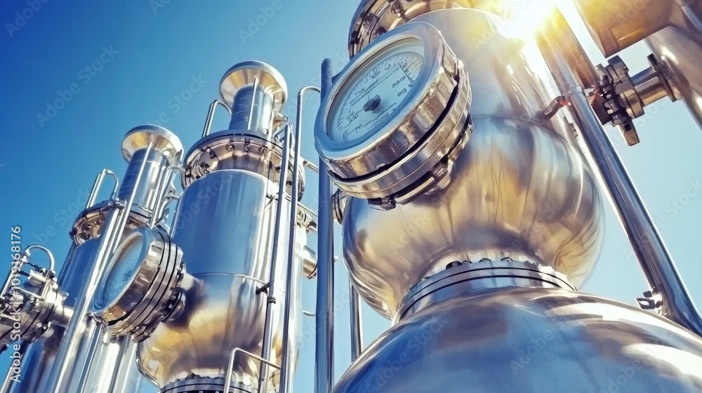 Fototapeta premium Industrial Equipment with Gauge Under Bright Sky