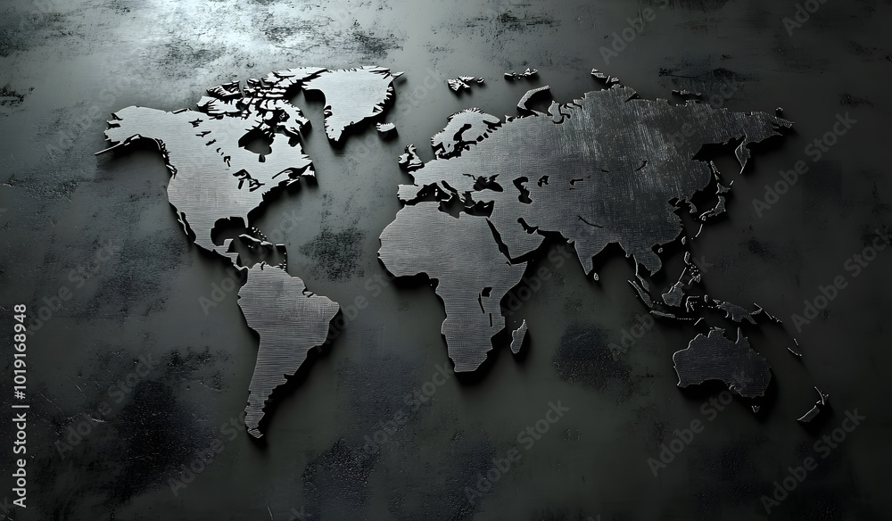 Monochrome 3D world map design with reflective surfaces against a dark background design. Modern mapping technique design Monochrome 3D world map design with reflective surfaces against a dark background design. Modern mapping technique design