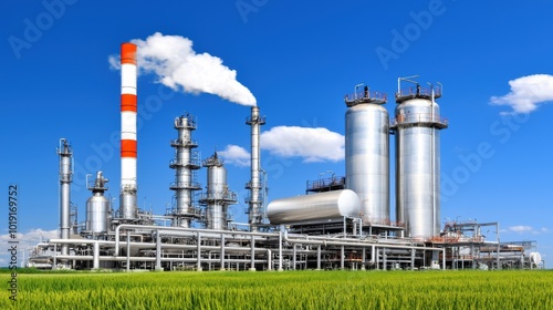 Industrial Facility with Blue Sky and Green Grass