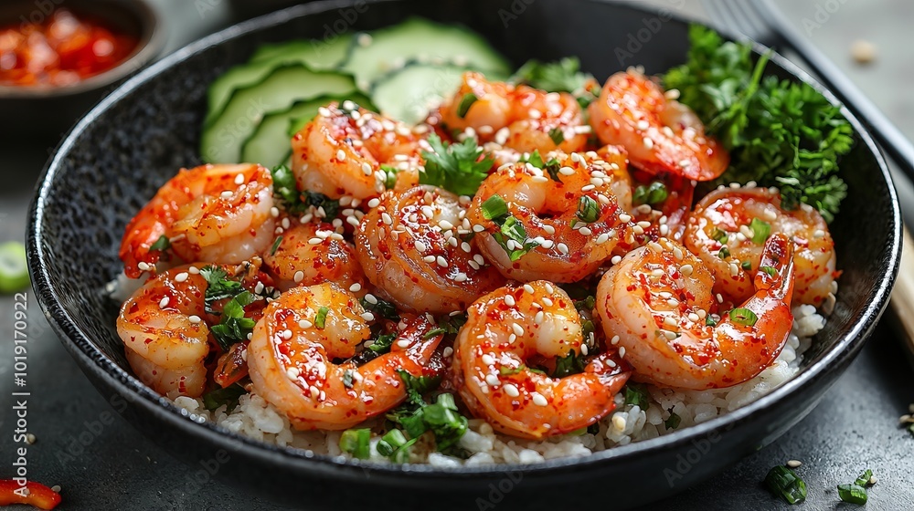 Spicy shrimp served with rice and vegetables in a bowl Spicy shrimp served with rice and vegetables in a bowl