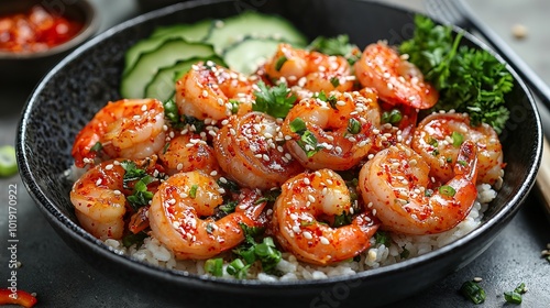 Spicy shrimp served with rice and vegetables in a bowl