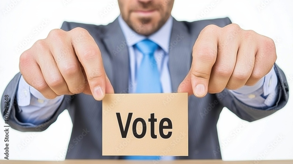 Man Holding Vote Card in Business Attire Man Holding Vote Card in Business Attire
