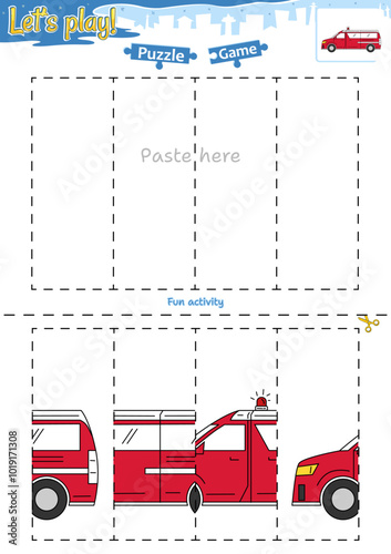Lets play cut and paste puzzle game with transportation theme of ambulance car