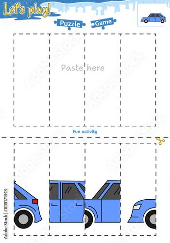 Lets play cut and paste puzzle game with transportation theme of blue car