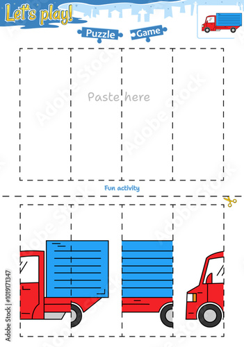 Lets play cut and paste puzzle game with transportation theme of box truck