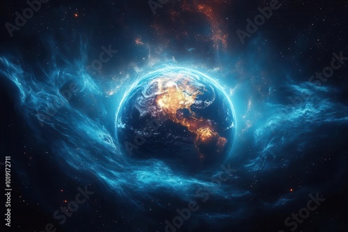 Fototapeta Naklejka Na Ścianę i Meble -  planet earth illuminated by swirling energy waves and beams of light against a dark space background depicting the beauty and mystery of the universe