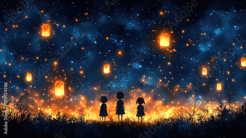 Three figures stand in a grassy area, gazing at glowing lanterns that light up a beautiful starry night in the sky