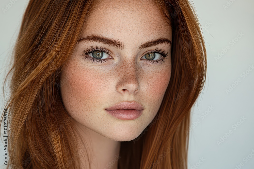 Naklejka premium Portrait of a young woman with ginger hair and blue eyes posing confidently