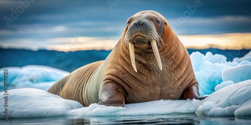 Arctic walrus relaxing on iceberg in extreme close-up