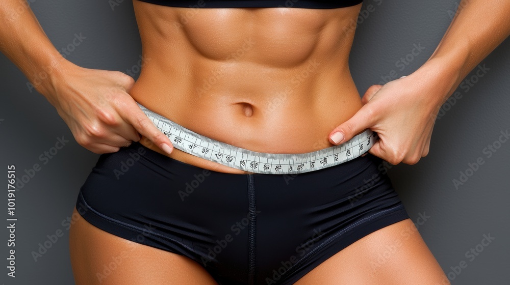 Fit Woman Measuring Waist with Tape Measure Fit Woman Measuring Waist with Tape Measure
